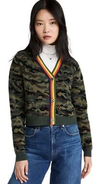 KULE The Jane Cropped Camo Cardigan Sweater Rainbow Striped Trim Wool Blend Sz S